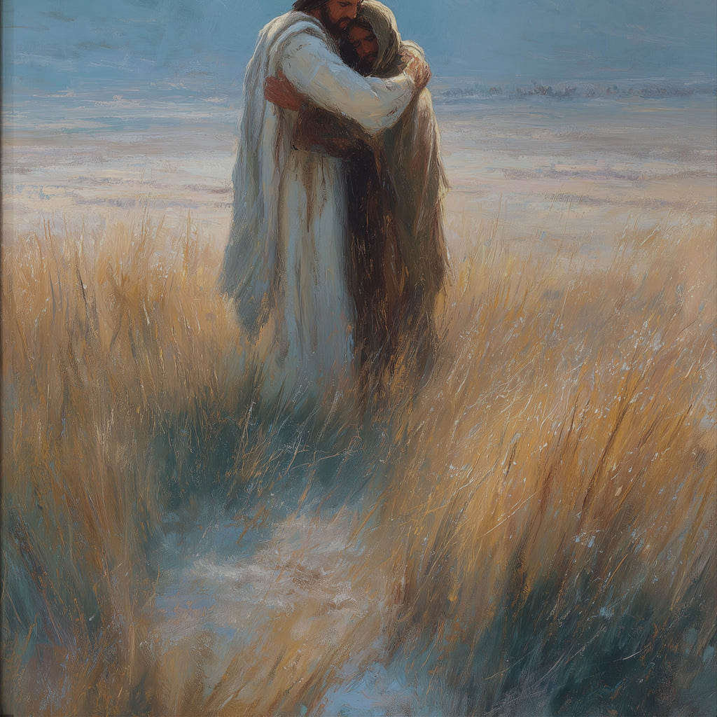 His Embrace - Jesus Embracing Distraught Man in Field