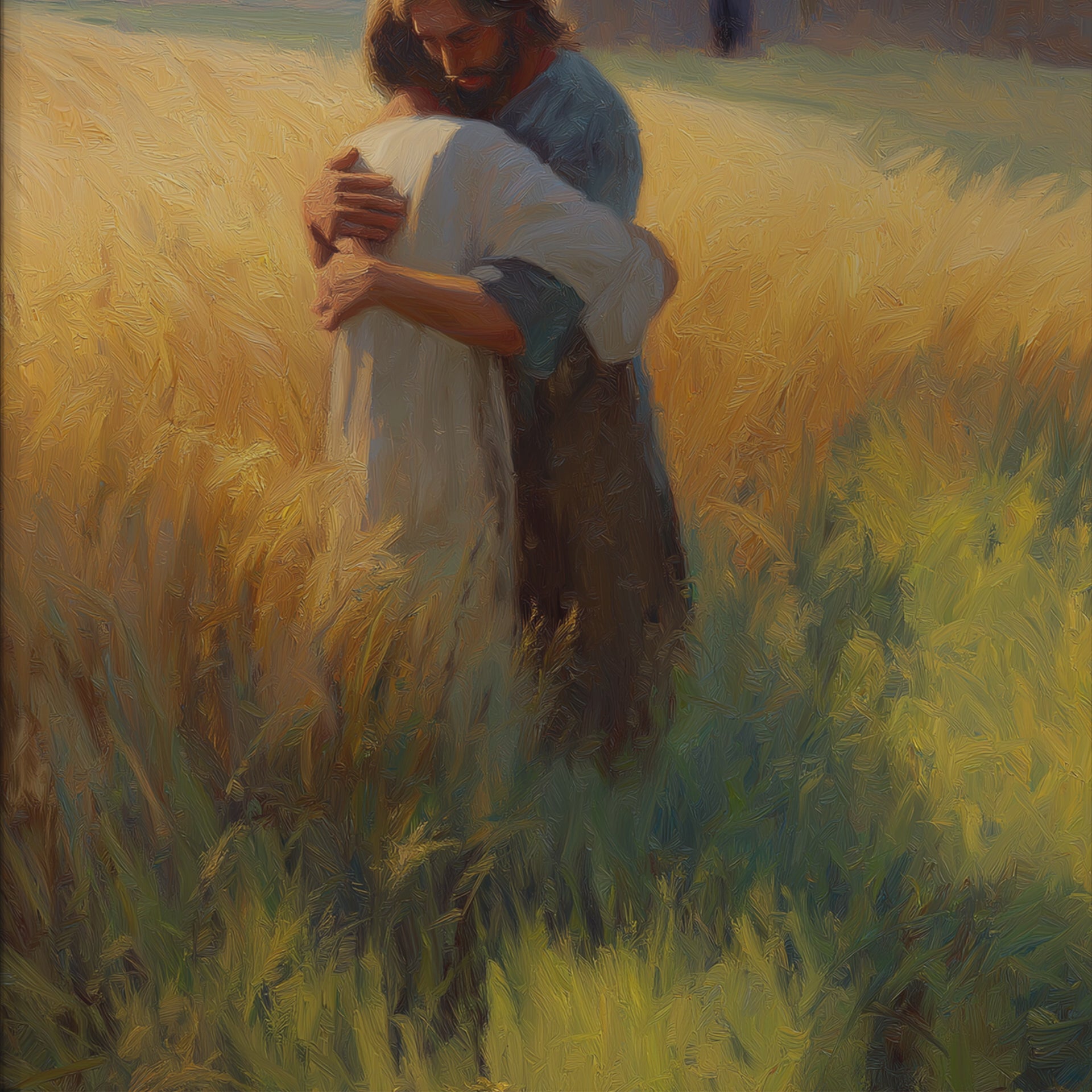 Jesus Embracing a Boy in a Field - Abstract Oil Paint Style