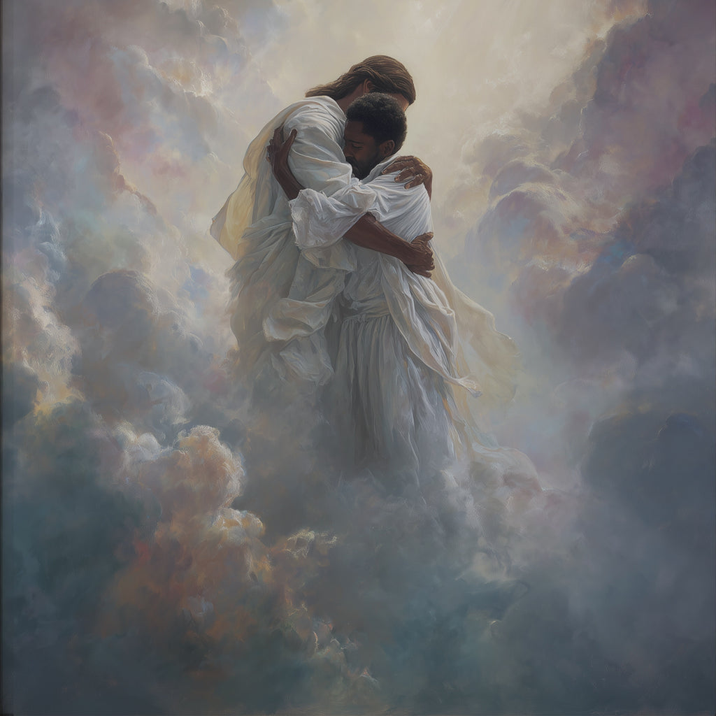 Jesus Embracing a Black Man in the Clouds