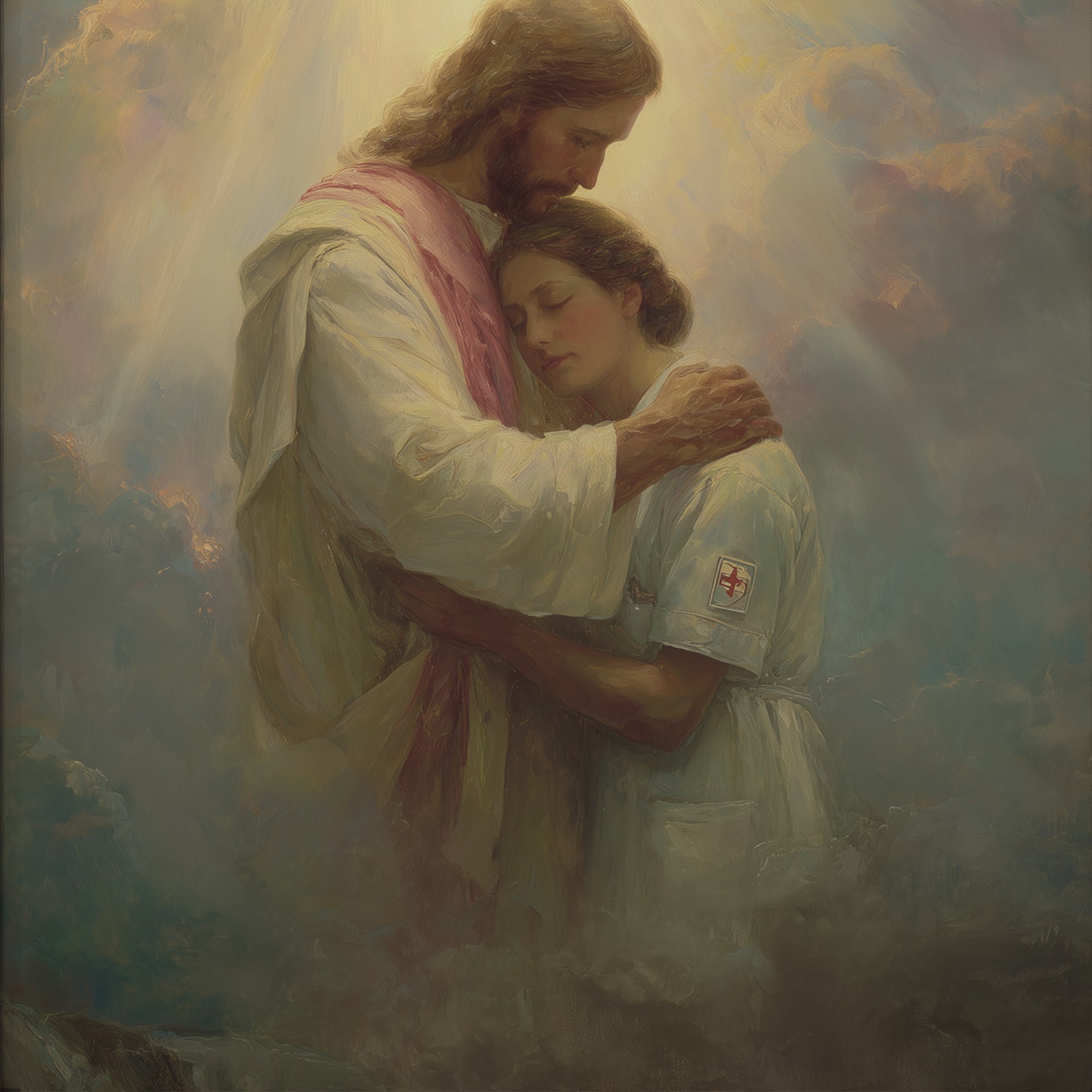 Jesus Comforting a Nurse in the Clouds