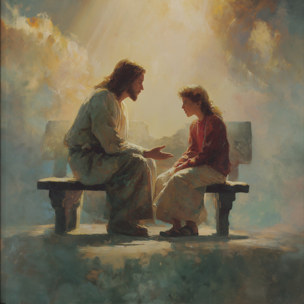 Jesus Listening to a Young Woman on a Bench
