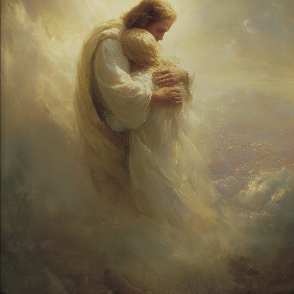 Jesus Embracing a Woman in the Clouds