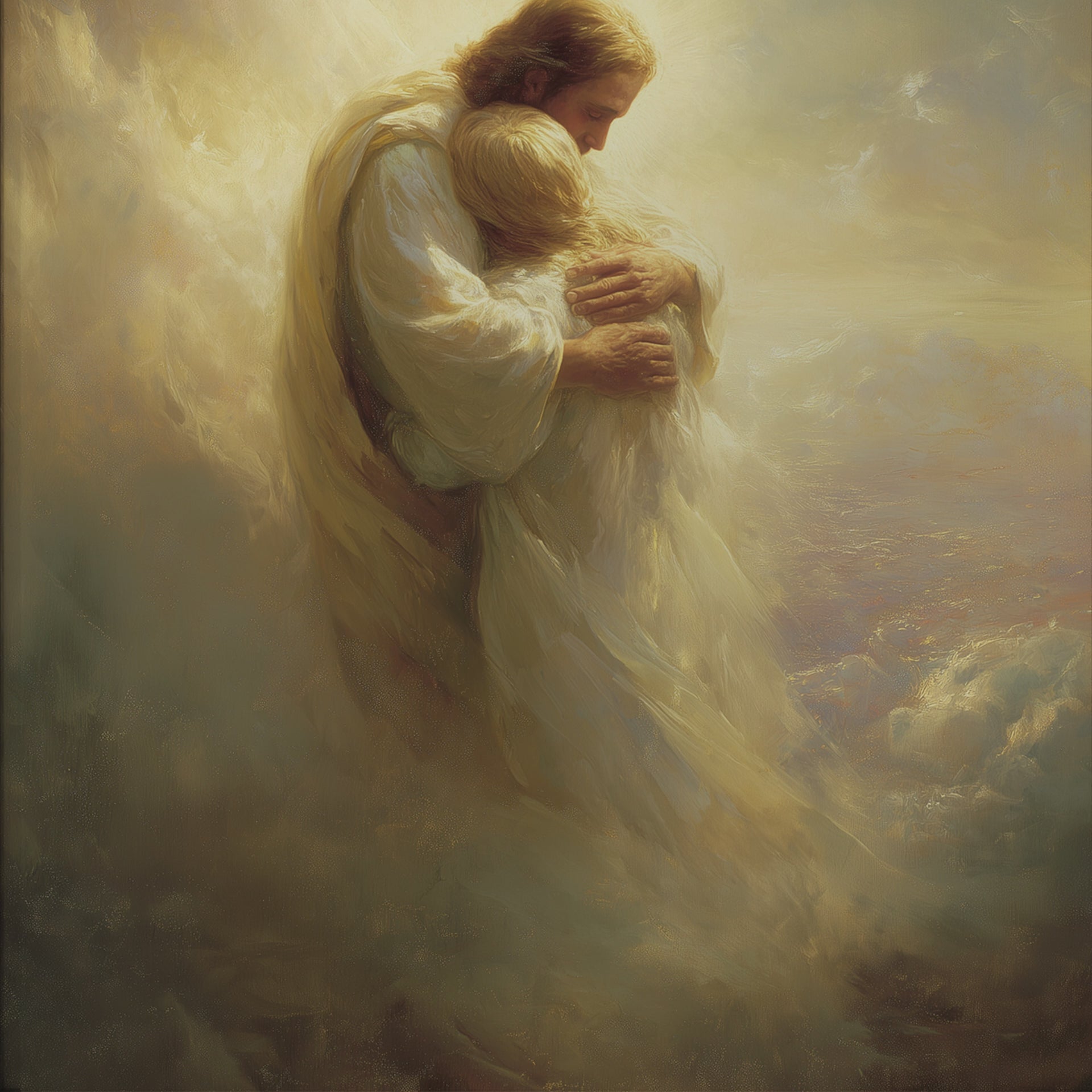 Jesus Embracing a Woman in the Clouds