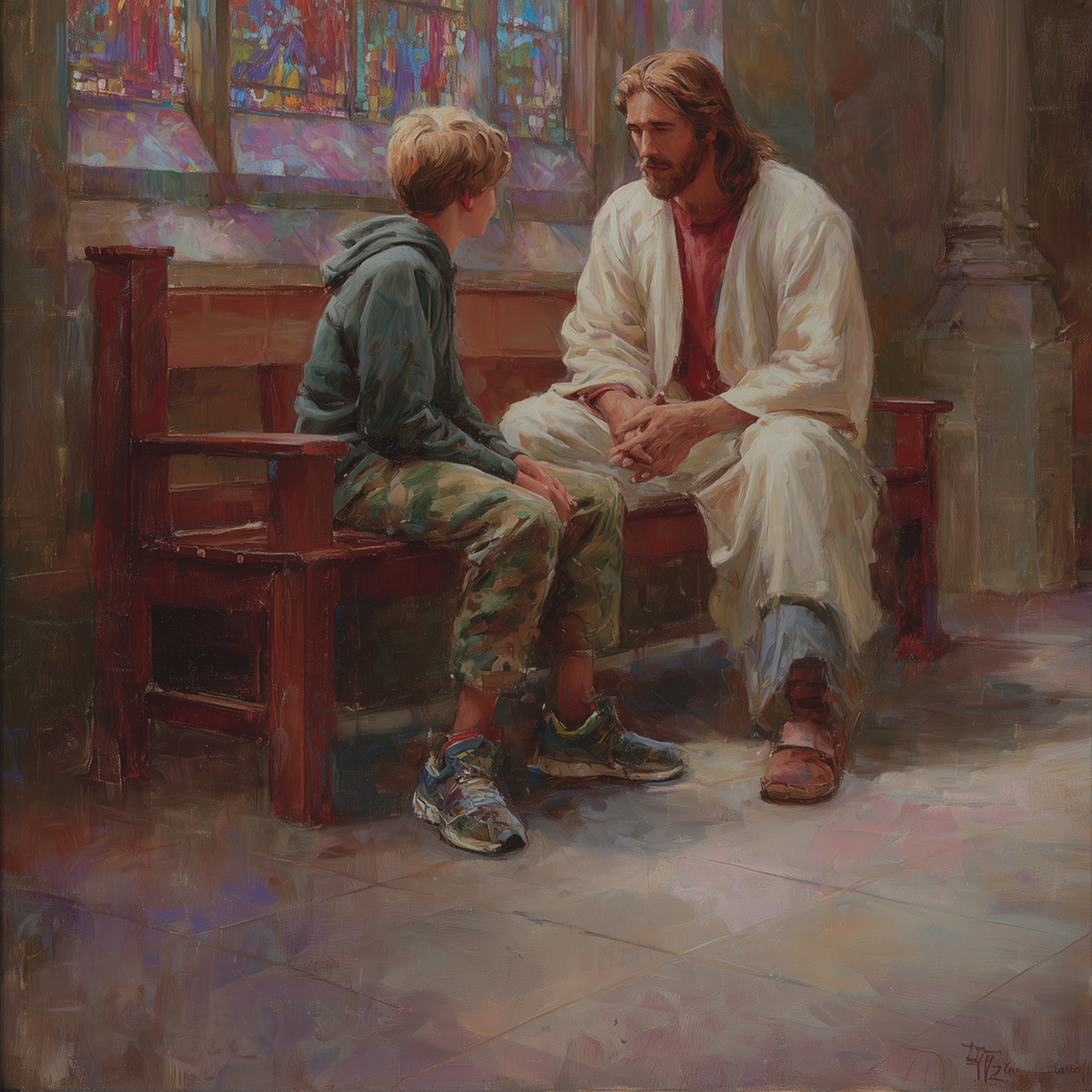 Jesus Listening to a Young Man in Church
