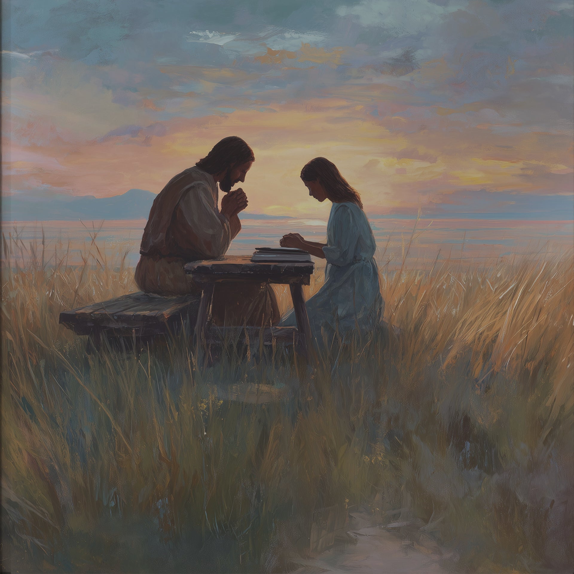 Jesus Praying with a Young Woman by the Ocean