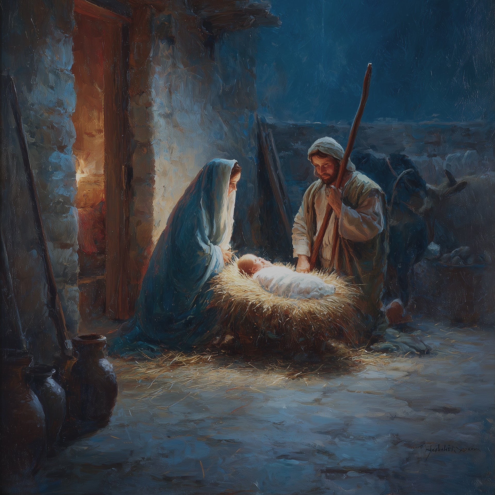 The Nativity Scene: Abstract Oil Paint Style Print